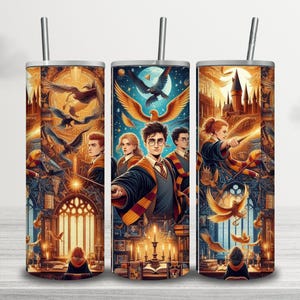 May include: Three stainless steel insulated tumblers with a colorful fantasy art design featuring characters, birds, and a castle. Each tumbler has a silver straw and a detailed illustration.