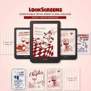 May include: Digital lock screens for Kobo Clara Colour e-readers. The image displays various screens with illustrations of wine, coffee, and text. The text includes "Books & Delusion", "Sorry I'm Busy Reading", and "Friday Night Book Club".