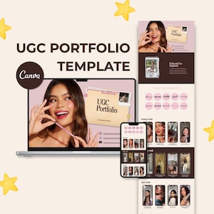 Può includere: Un modello di portfolio UGC digitale per Canva visualizzato su uno schermo di un computer portatile e un telefono cellulare, con una combinazione di colori marrone e beige, il testo UGC PORTFOLIO e varie sezioni che mostrano esempi di lavoro.