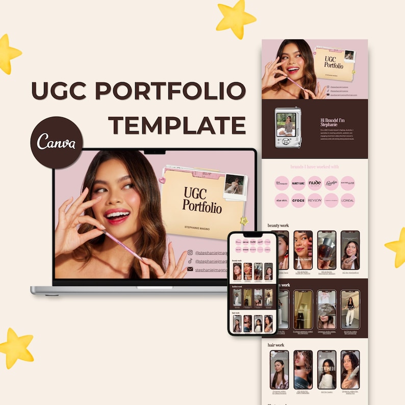 May include: A digital UGC portfolio template for Canva displayed on a laptop screen and a mobile phone, featuring a brown and beige color scheme, text reading UGC PORTFOLIO, and various sections showcasing beauty, fashion, and hair work examples.