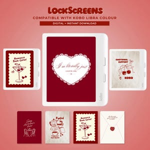 Könnte beinhalten: Digitale Lockscreens für Kobo Libra Colour. Verschiedene Designs sind zu sehen, darunter ein Martini-Glas, der Schriftzug „I'm literally just a book girl“ und weitere Illustrationen. Der Text „Romance Book Girlie!“ ist sichtbar.