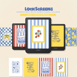 May include: Digital Kobo Clara Colour lock screens with various designs. The designs include a sardine can, tomatoes, and a lemon pattern. The text on the image says "LOCKSCREENS" and "DIGITAL + INSTANT DOWNLOAD".