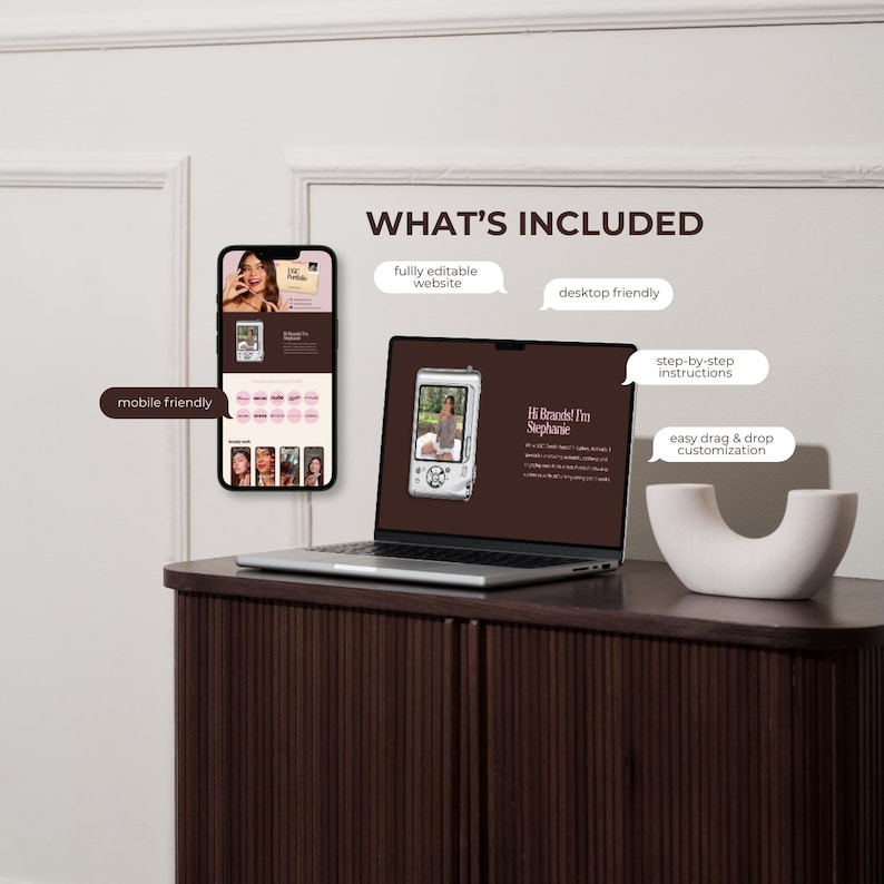 May include: A laptop and a smartphone displaying a website template with the text WHAT'S INCLUDED, fully editable website, desktop friendly, mobile friendly, step-by-step instructions, and easy drag & drop customization, featuring a brown color scheme.