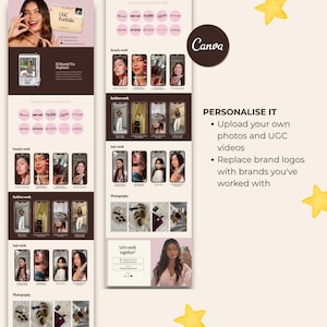 May include: A digital template for a UGC portfolio featuring sections for beauty, fashion, hair, and photography work. The layout includes placeholders for brand logos, social media handles, and personal photos, with text instructions to personalize the content.