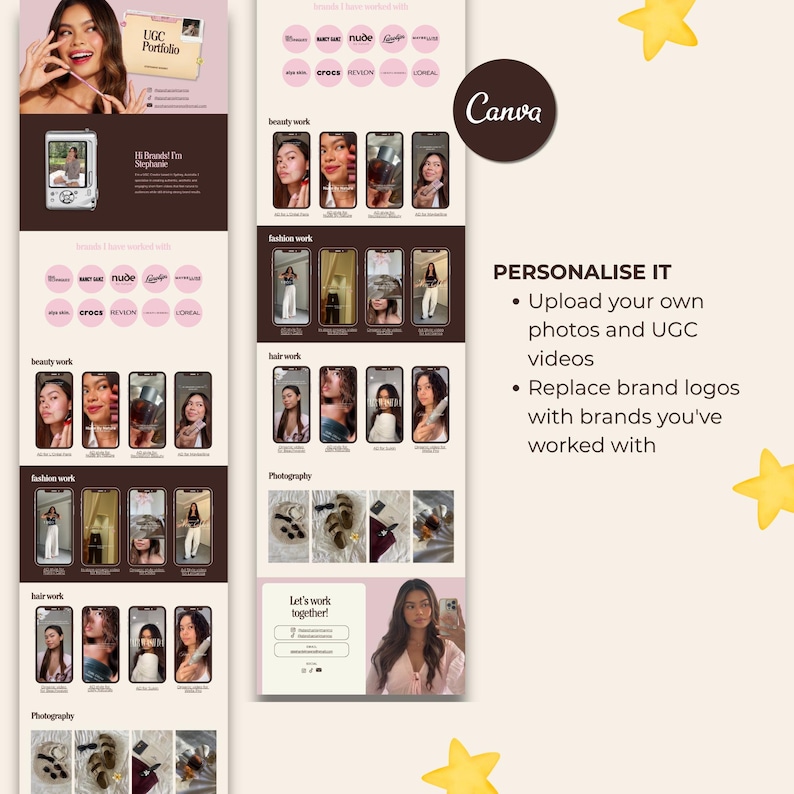 May include: A digital template for a UGC portfolio featuring sections for beauty, fashion, hair, and photography work. The layout includes placeholders for brand logos, social media handles, and personal photos, with text instructions to personalize the content.