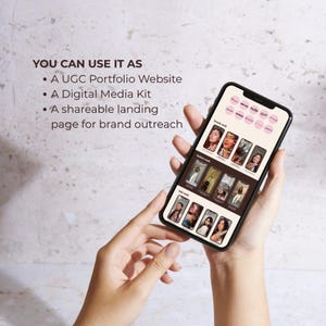 May include: A smartphone displaying a digital portfolio website with a light background, circular brand icons, and categorized image grids labeled Beauty work, Fashion work, and Hair work. Text reads: YOU CAN USE IT AS A UGC Portfolio Website, A Digital Media Kit, A shareable landing page for brand outreach.