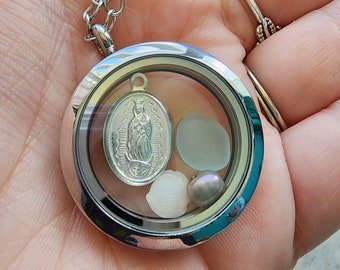 Virgin Mary and the Sea Stainless Steel Locket Pendant/Necklace/ Anniversary Gift/ Sea glass/ Freshwater Black Pearl/ Religious/ Catholic