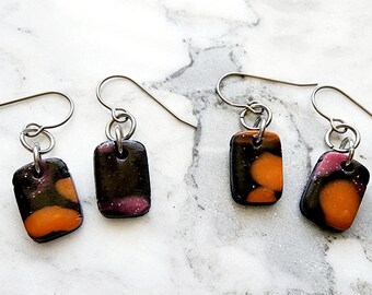 Select One (1)- Geometrical Polymer Clay Dangling Black Rectangles with Tie Dye Hypoallergenic Earrings