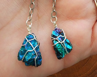Chalcopyrite (Peacock Ore)/ Bornite Raw Stone Sterling Silver Wire Wrapped Long Dangle Earrings
