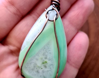 The Green Eggplant-  Green Onyx Agate Wrapped with Copper Wire Pendant/Necklace/ Anniversary Gift