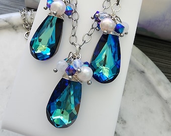 Limited Edition: Blue/ Teal AB Swarovski Crystal Teardrop Shaped with Sterling Silver Wire Wrapped and White Pearls Stainless Steel Set