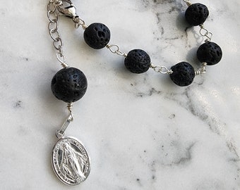 Black Lava Bead Rosary/Aromatherapy and Sterling Silver Bracelet/ Religious/Catholic