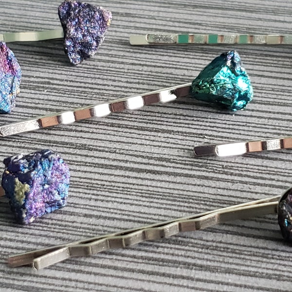 Something Colorful.  One (1) Tiny/ Petite Chalcopyrite (Peacock Ore)/ Raw Stone  Silver Plated Bobby Pins/ Hair Pins/ Bridal/ Wedding