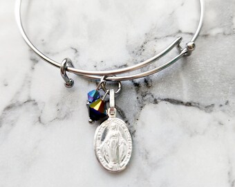 Colgante de Medalla Milagrosa de Plata de Ley con Bicono de Cristal y Pulsera Ajustable de Acero Inoxidable/Religiosa/Católica/Geométrica