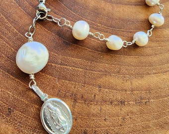 White Freshwater Pearl Beads Rosary and Wire Wrapped Sterling Silver Bracelet/ Religious/Catholic/ Regal/ Elegant