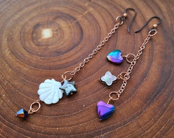 I Heart Sea- Corazón iridiscente asimétrico, concha de nácar, estrella y pendientes largos / colgantes de cobre Swarovski