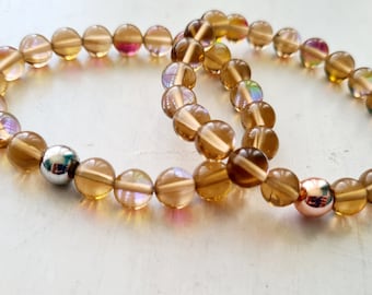 Pulsera de cuarzo sirena marrón iridiscente: hematita de plata y cobre