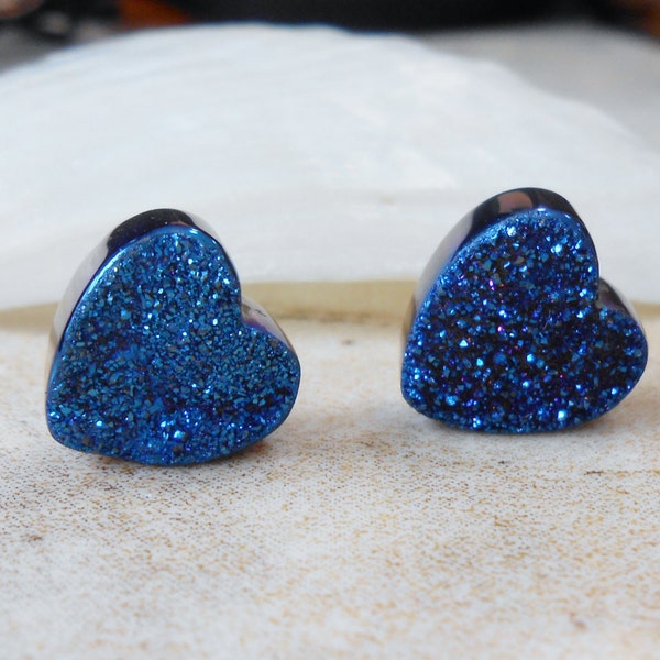 Cobalt Blue Tiny/ Petite Agate Titanium Druzy Heart Shaped Steel Earring Titanium Posts/ Studs