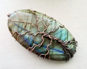 Blue Thunder- Azul / Verde / Amarillo Flash Oval Labradorite Wire Envuelto con Alambre de Cobre Árbol de la Vida Colgante / Collar / Regalo de Aniversario