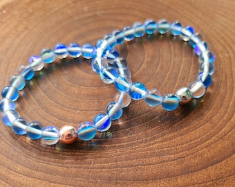 Pulsera elástica de cuarzo sirena iridiscente: hematita de plata y cobre