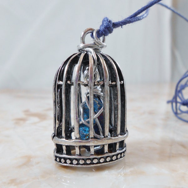 Peacock in a Cage.  Chalcopyrite (Peacock Ore)/ Bornite Raw Stone Pendant Necklace