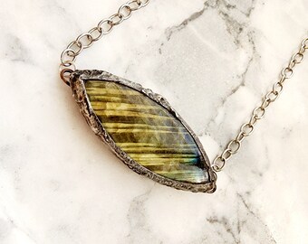 Eye of Protection- Soft Soldered (Silver Bearing Lead Free) Green/ Yellow Flash Oval Sideways Labradorite Pendant/Necklace/ Anniversary Gift