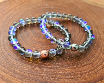Pulsera elástica de cuarzo sirena iridiscente: hematita de plata y cobre