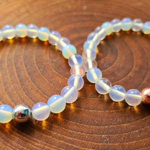 Iridescent Opalite Glass and Silver/Copper Hematite Bead Stretch Layering Bracelets/ Arm Candy Bracelets