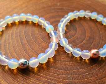 Vidrio opalita iridiscente y pulseras de capas de hematita de plata / cobre / pulseras de caramelo de brazo