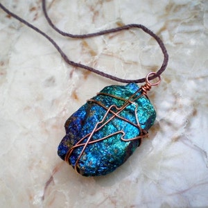 Chalcopyrite (Peacock Ore)/ Bornite Raw Stone Wire Wrapped Pendant with Adjustable Cord.  Made to Order