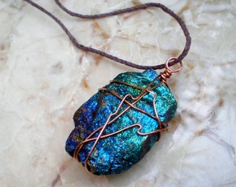 Chalcopyrite (Peacock Ore)/ Bornite Raw Stone Wire Wrapped Pendant with Adjustable Cord.  Made to Order