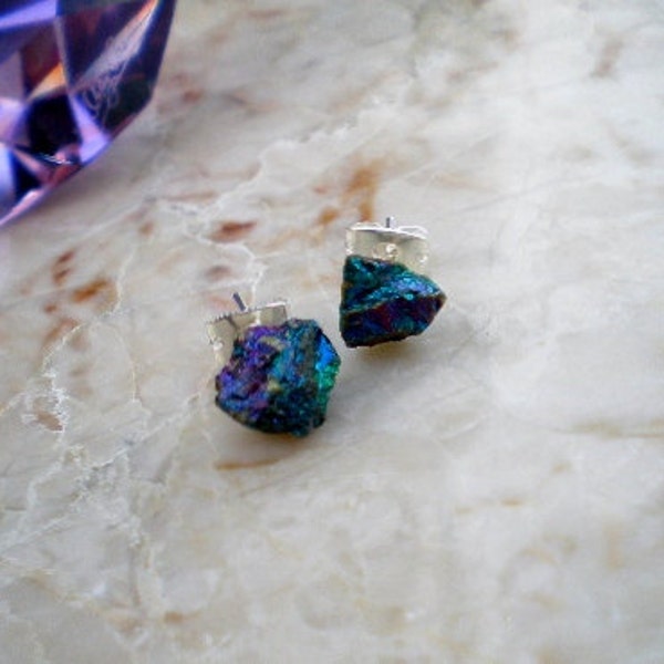 Tiny/ Petite Chalcopyrite (Peacock Ore)/ Raw Stone  Stainless Steel/Titanium Earring Posts/ Studs