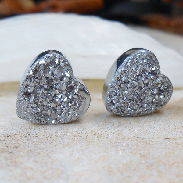Silver Diamond Tiny/ Petite Agate Titanium Druzy Heart Shaped Steel Earring Titanium Posts/ Studs