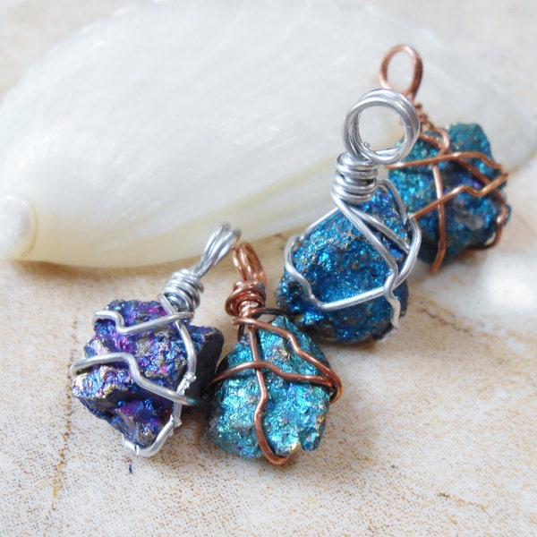 One Mini/Petite Chalcopyrite (Peacock Ore)/ Bornite Raw Stone Silver/Copper/ Stainless Steel Wire Wrapped Pendant.  Select your Favorite