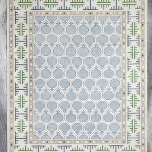 Oushak Hand-Knotted Wool Rug in Light Blue & Earth Tones | Indian Knot Turkish Wool Area Rug | Modern Motif Rug | 4.0X6.0 10x14 Rug
