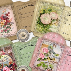 Garden Flower Seed Packet Envelopes with Seals, Printable, Vintage Antique Style Embellishments, Junk Journal Ephemera, Seed Catalog Roses