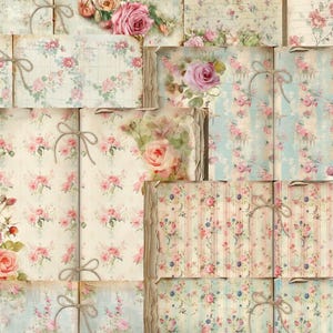 Roses Journal Pages- Printable Sheets - Torn Distressed Junk Journal, Open Book Pages, Shabby Roses and Stripes