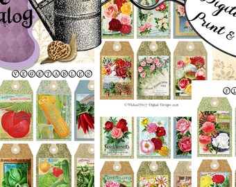 Vintage Seed Catalog Garden Tags - Printable - Print and Cut - Flowers Fruit Vegetables - Journal Gift Scrapbooking