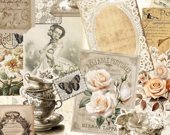 Junk Journal Embellishment Kit #2 Neutral Brown Beige & Ivory Roses - Printable - Vintage Style Pockets Ephemera Fussy Cuts