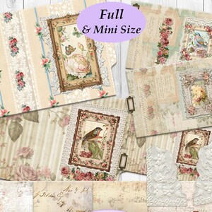 Shabby Roses, Birds and Butterflies File Folders Vintage Lace - Printable - Full Size & Mini Size Embellishments Junk Journal Antique