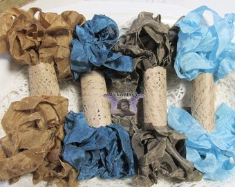 24 Yards Vintage Hug Snug Seam Binding Ribbon - BY THE SEA - 6 Yards Each - Crinkled Scrunched Ocean Blue Sand Brown Turquoise Hug Snug