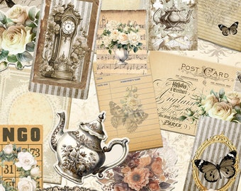 Junk Journal Embellishment Kit #1 Neutral Brown Beige & Ivory Roses - Printable - Vintage Style Pockets Ephemera Fussy Cuts
