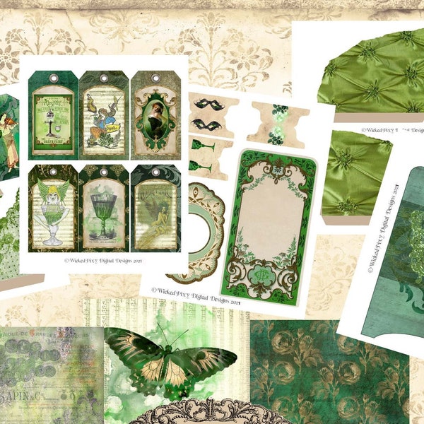 Ephemera Kit Green Fairy Absinthe La Fee Verte Vintage Style Pockets Tags Papers - Printable Digital Download - Print and Cut