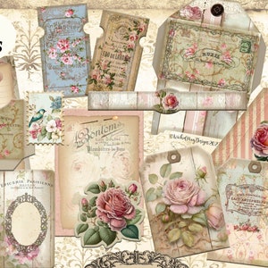 Pink Vintage Roses Ephemera Kit, Printable, Junk Journal Embellishments, Fussy Cuts, Pockets, Cards Tags Envelope File Folder, Shabby French