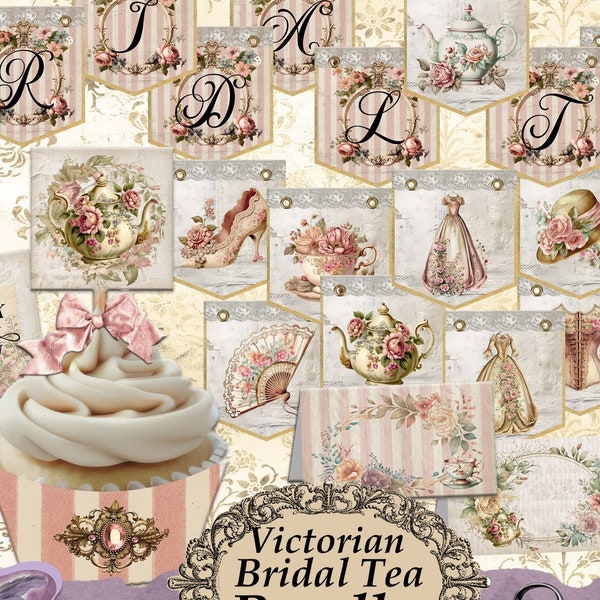 Bridal Tea Victorian Shower Bundle Kit - PRINTABLE - Banner Cupcake Toppers Favor Tags Vintage Style, Bridal Shower Tea Party