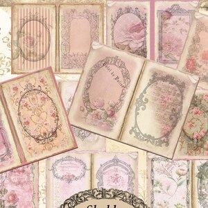 Può includere: Una collezione di dieci pagine di diario vintage con un'estetica shabby chic. Le pagine presentano cornici ornate, disegni floreali e tenui tonalità rosa e crema. Il testo "Shabby Vintage Frames Journal Pages" è visibile.
