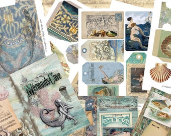 May include: A digital printable kit for scrapbooking or crafting featuring a mermaid theme. The kit includes images of mermaids, seashells, and ocean-themed designs in shades of blue, green, and gold. The text "Mermaid Journal Kit" is featured in a decorative font.