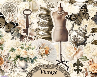 Junk Journal Fussy Cuts Embellishment Kit Neutral Brown & Ivory Roses - Printable - Vintage Style Add On Ephemera