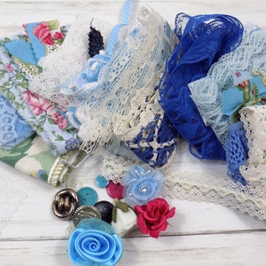 Floral Fabric Lace Trim Scrap Bundle, Blue & Raspberry Pink Roses, Vintage Junk Journal Embellishment Snippet Kit, Inspiration Grab Bag Lot