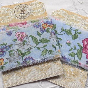 Vintage Blue Floral Cotton Hand Torn Fabric Ribbon Strips, French Country Farmhouse Decor - Journaling Ribbon - Hand Stamped Garden